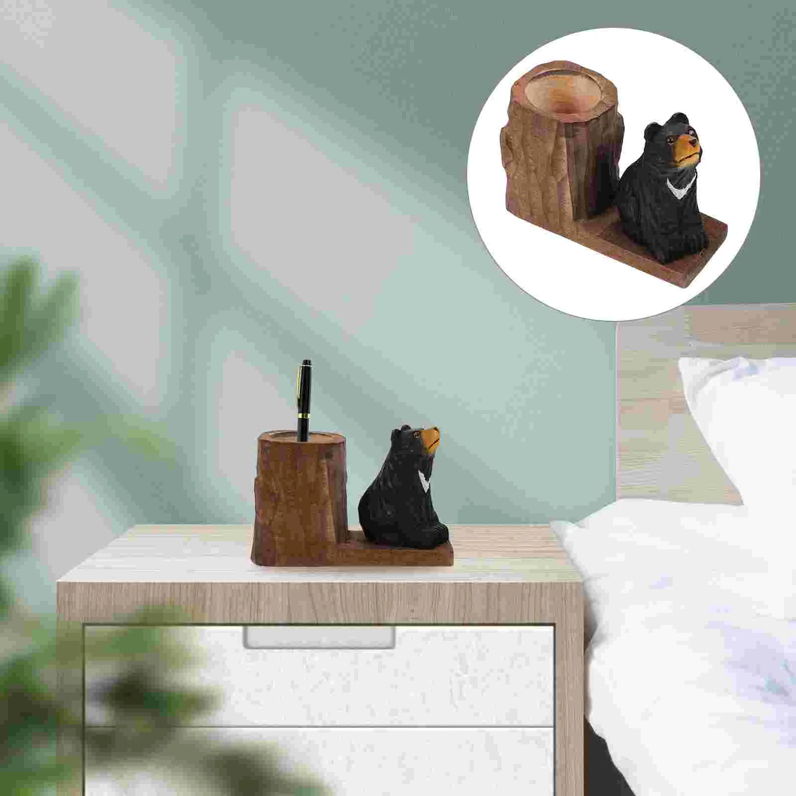 

Black Bear Pen Holder Party Ornament Nice Practical Desktop Organizer Creative Adorable Shaped Decoration Woodcarving Pots