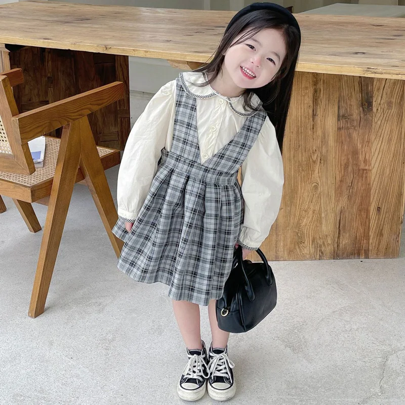 

2023 Spring Girls Vest Dress Korean Style Sleeveless Shoulder-Straps Plaid Dresses Preppy Style School Girls Clothes