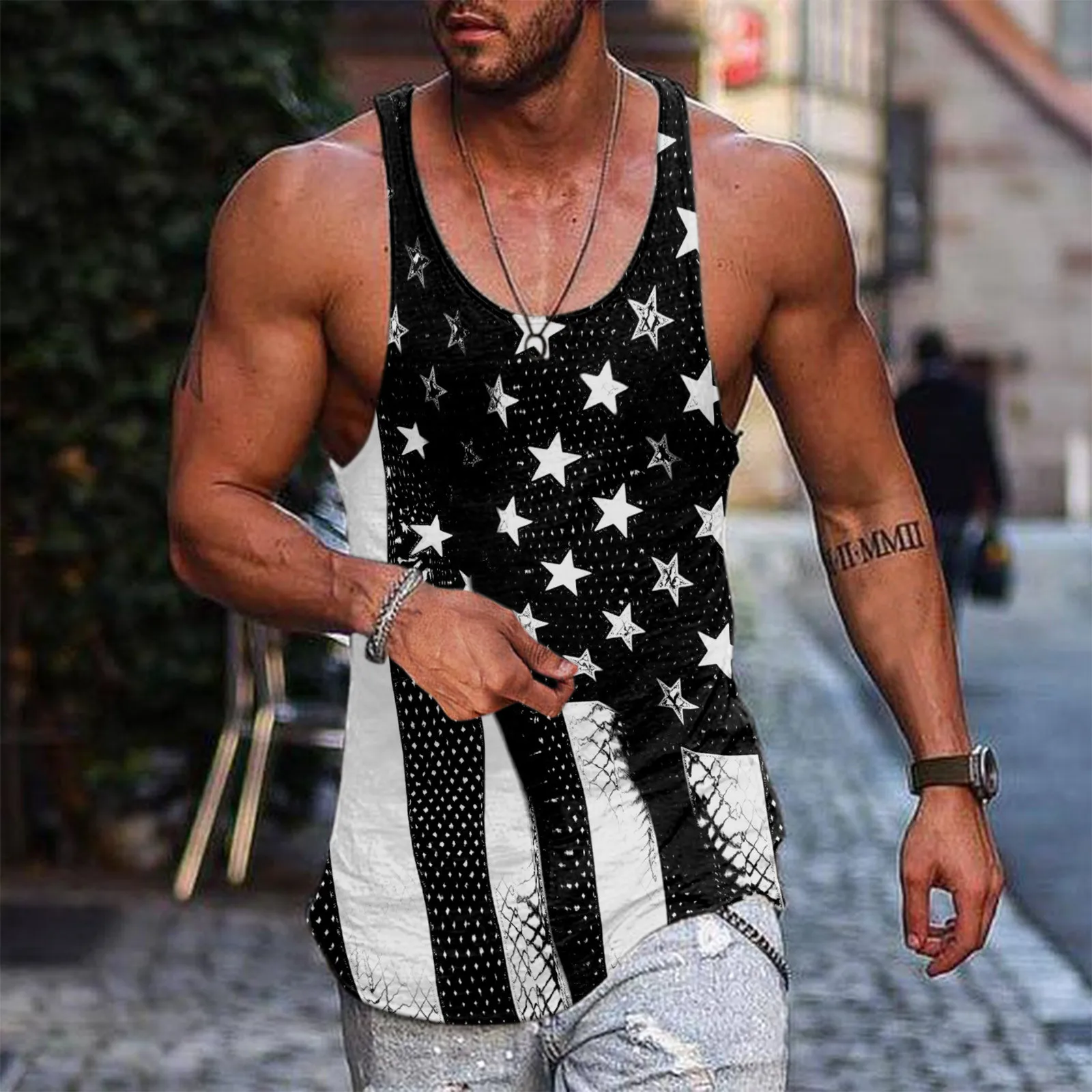 Men Summer Tank Tops Vests Casual Beach O Neck American Flag Printed Sleeveless Tank Tops Bodybuilding Streetwear Vest Blouse