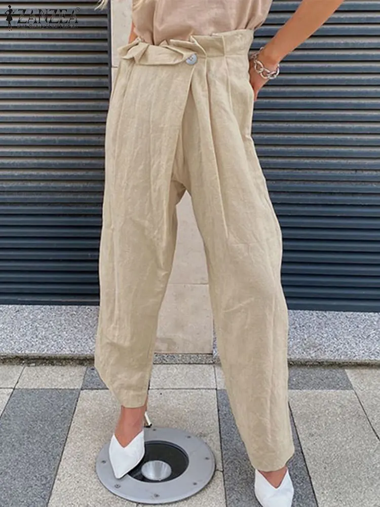 

Women Vintage Solid Pants 2022 Summer Baggy Long Trousers ZANZEA Fashion High Waist Pantalon Casual Cotton Maxi Palazzo Oversize