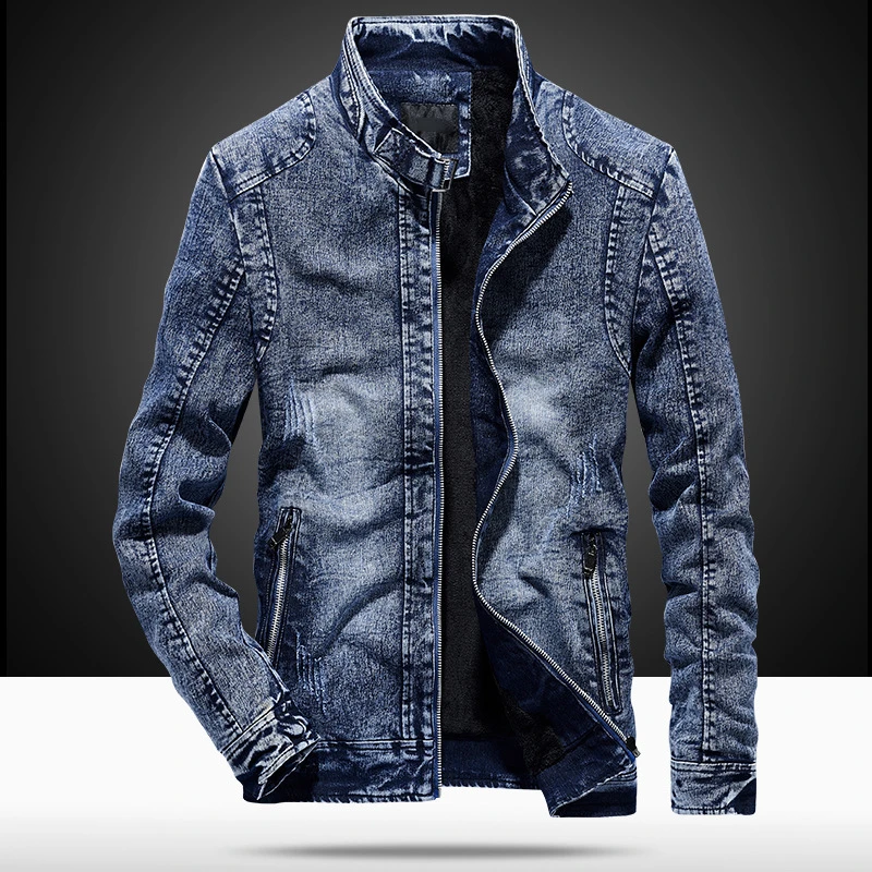 

Boys Winter Thick Fleece Denim Jacket Overzize 3xl 4xl Men Cotton Slim Fit Retro Blue Jacket Stand Collar Zip Up Coat Outerwear