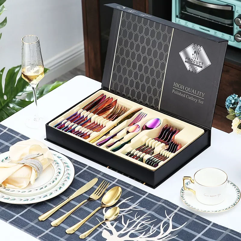 

24pc dinnerware set 304 stainless steel gold silverware set With gift box kitchen steak knife tableware set spoon and fork set