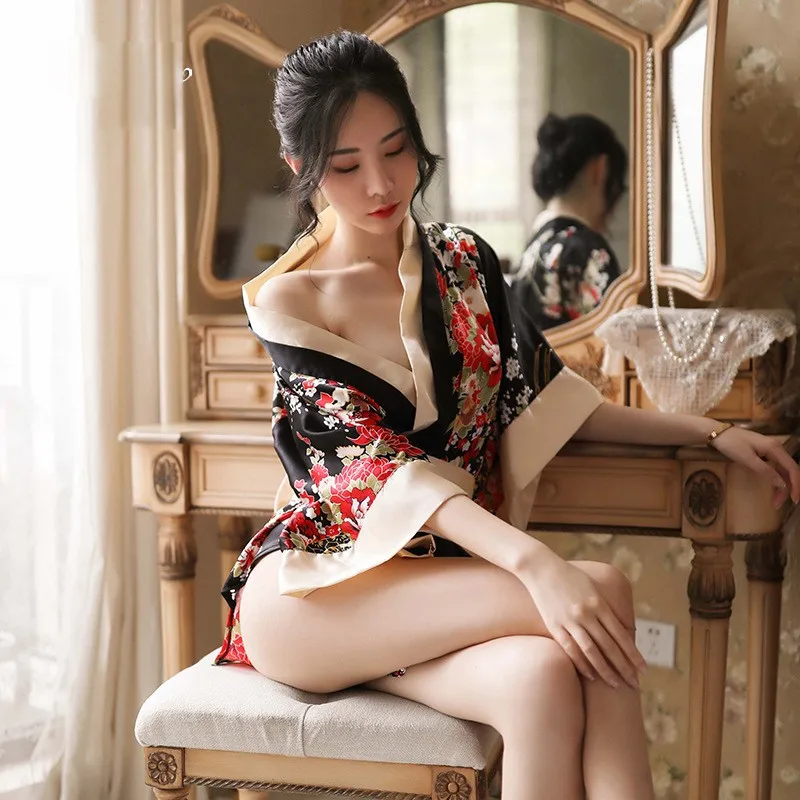 Sexy Lingerie Robe Women Classic Japanese Kimono Sleepwear Silky Satin Print Flower Women's Nightwear Temptation Mini Home Wear