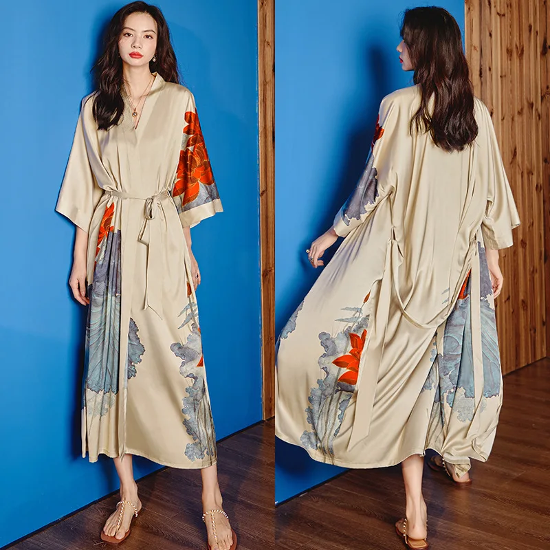 Summer Sleepwear Dresses  For Women Pajama Half Sleeves Side Split Homewear Female Nightwear Bride Silk Cloth Loungewear Robe