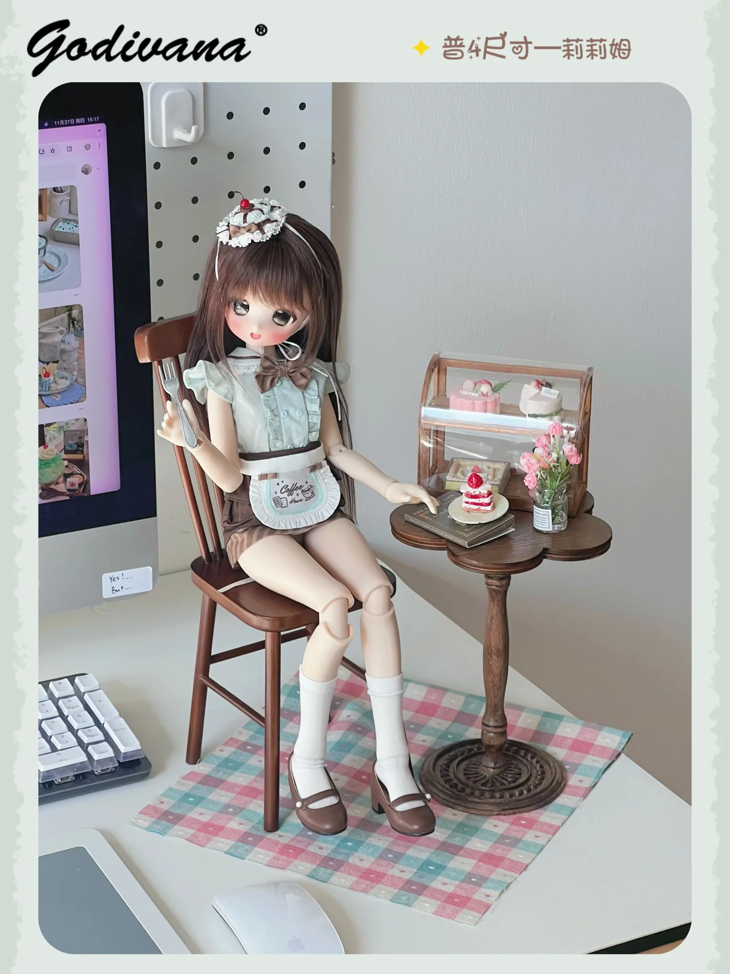 Фото Одежда для куклы Chubby 1/4 BJD: милый наряд горничной в стиле десерта, очаровательная блузка с бантом в стиле кафе с фартуком и юбкой, украшение для волос, костюм для куклы. №4