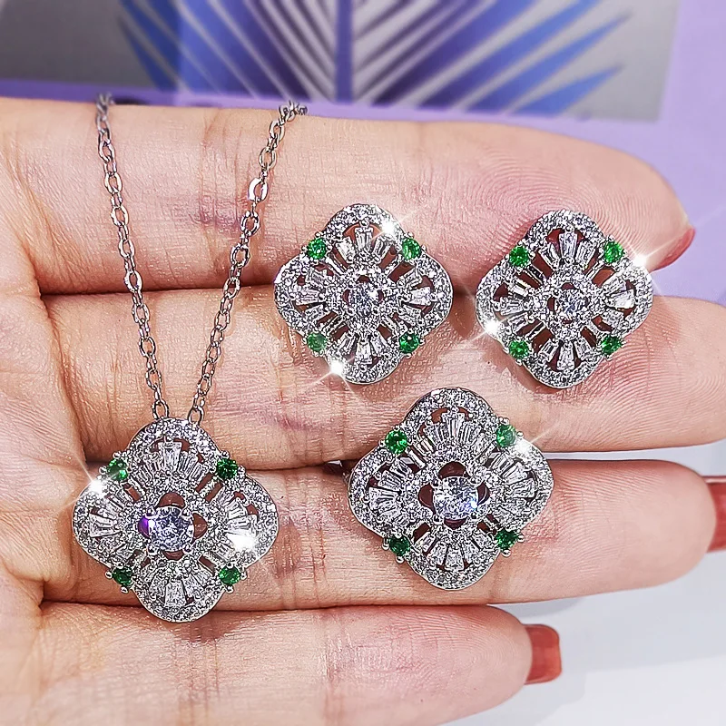 

925 Silver New Three-piece Set Female Necklace Ring Earring Geometric Shape Inlaid Green Zircon Jewelry Wedding Set