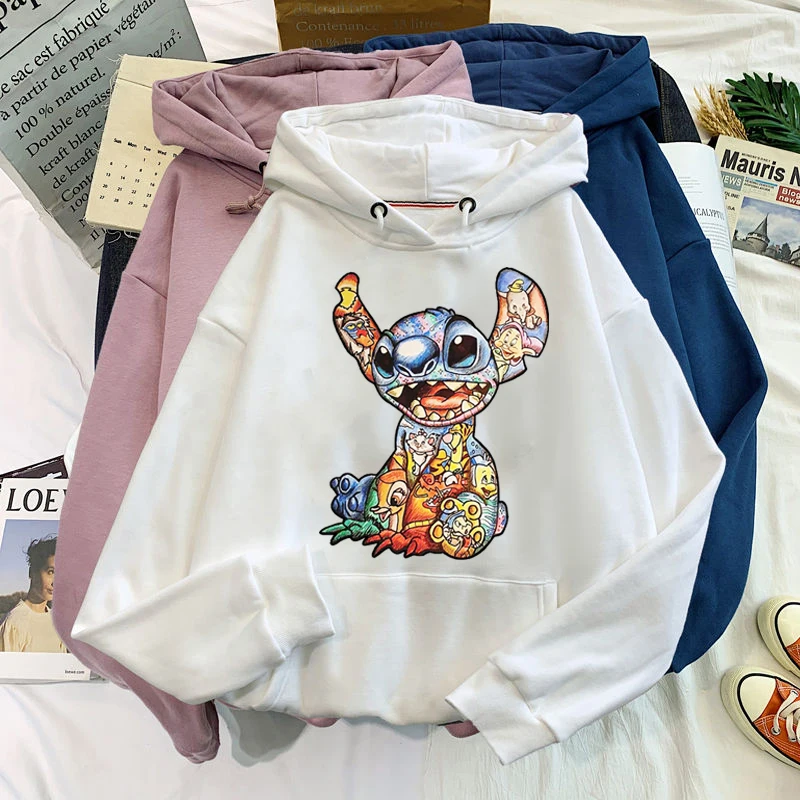 New Disney Funny Stitch Hoodies Women Harajuku Pullovers Cute Kawaii Casual Tops  Angel Print Hooded Sweatshirt Long Sleeves