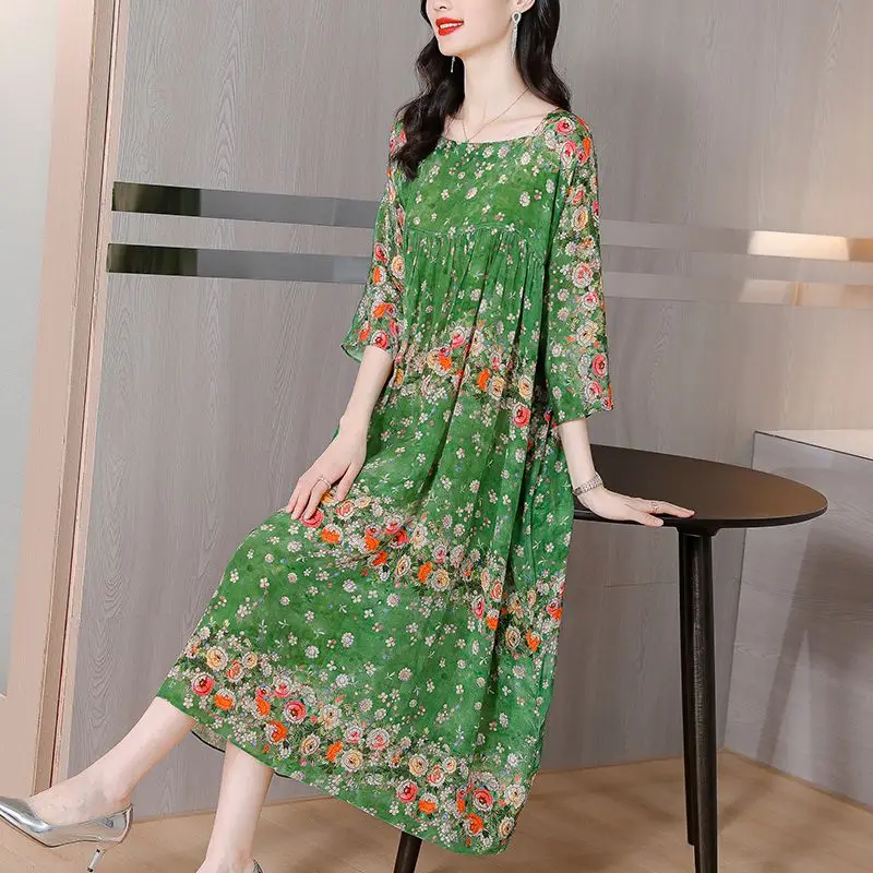 

New Vintage Fashion Casual 2023 Summer Dress for Women Print Loose O-Neck A Line Midi Calf Half Long Sleeves Women Clothing M535