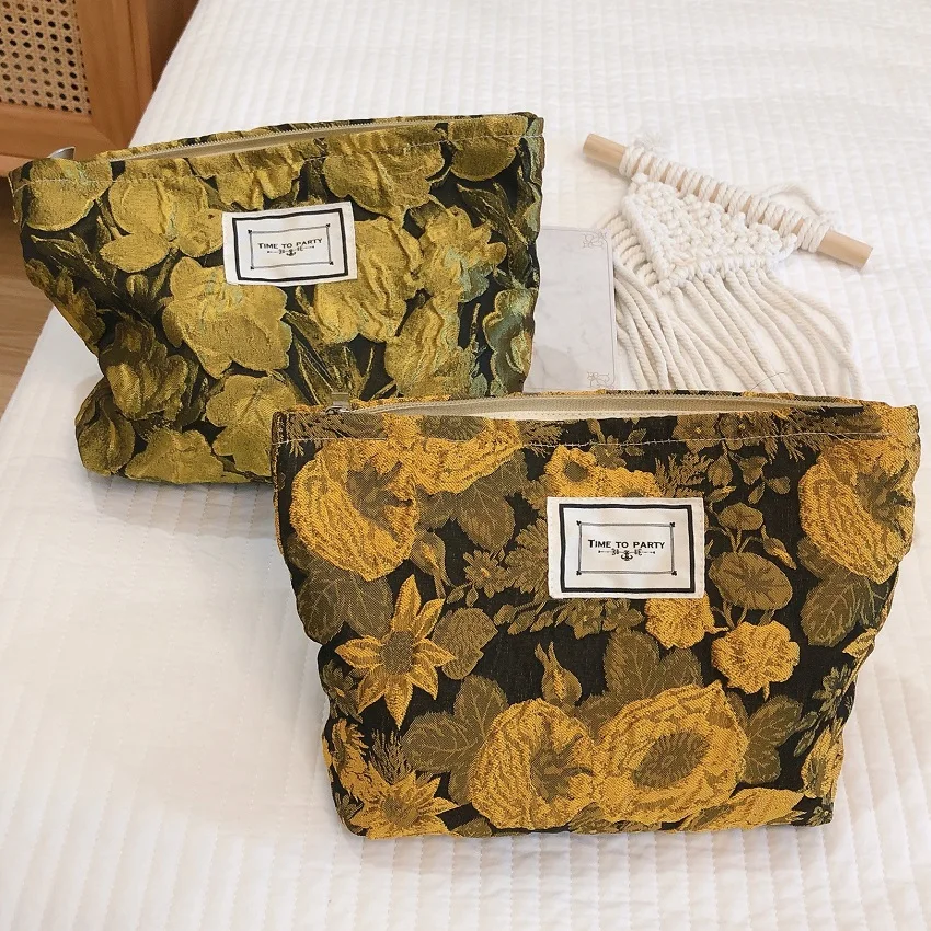 Golden Makeup Brushes Organizer Cotton Women's Bag Floral Cosmetic Case Zipper Beauty Case Necesserie Pencil Storage Coin Purses