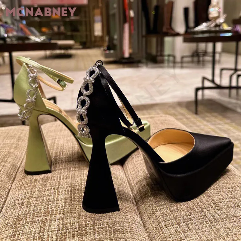 Bowknot Rhinestone Platform Pumps New Pointed High-Heeled Thick-Heeled Buckle Sandals Fashion Temperament High-Heeled Sandals