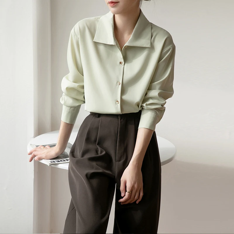 Женская однобортная рубашка свободная однотонная офисная во французском стиле с