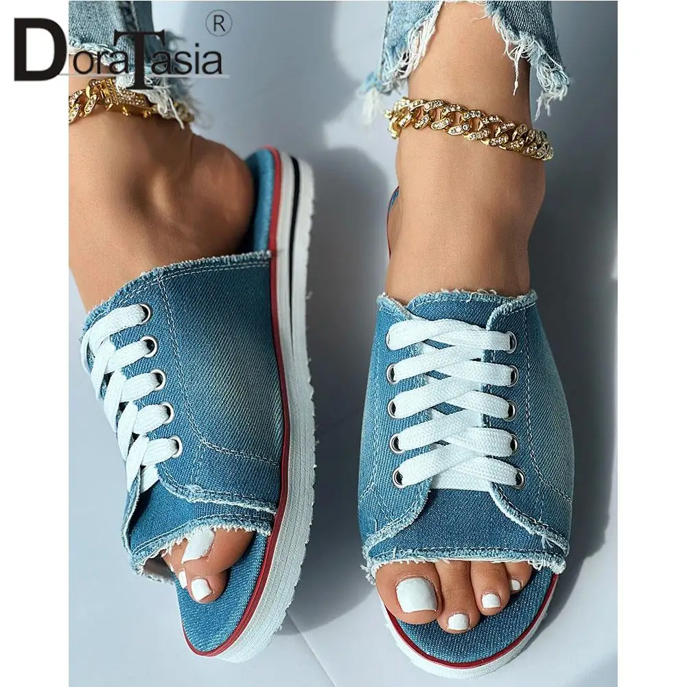 Big Size 43 New Female Light Denim Slides Fashion Lace-up Peep Toe Flat women's Slippers 2023 Casual Comfy Shoes Woman