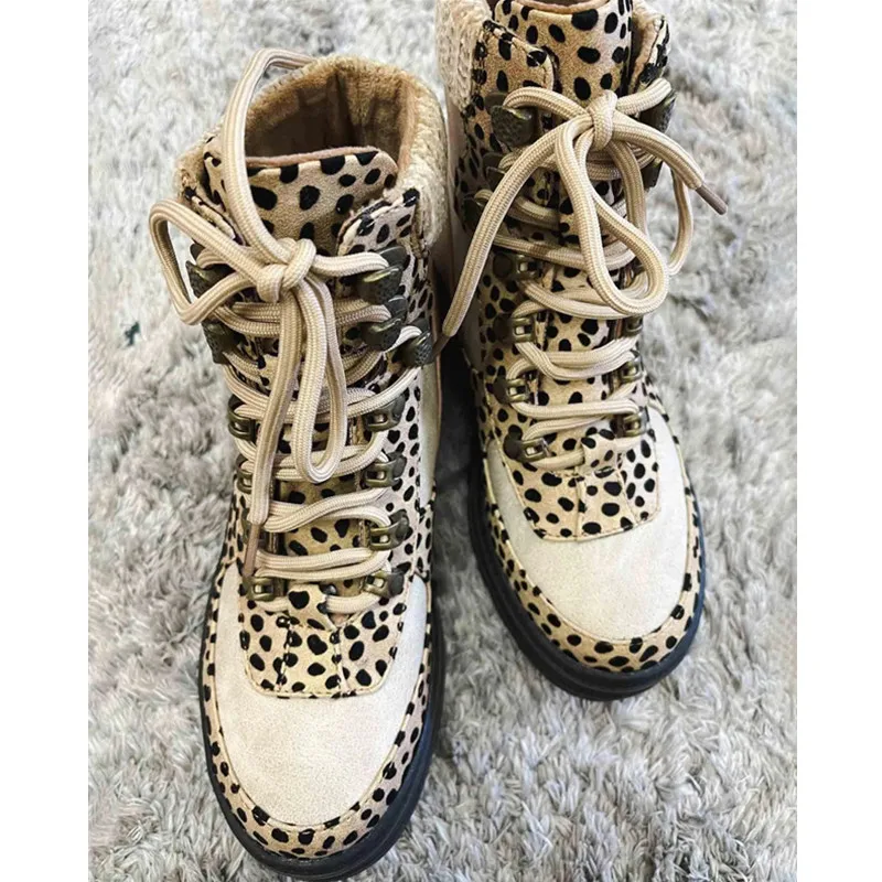New Autumn Winter Leopard Women's Boots 2022 High Top Casual Shoes for Woman New Ladies Lace Up Platform Boot Botas Mujer