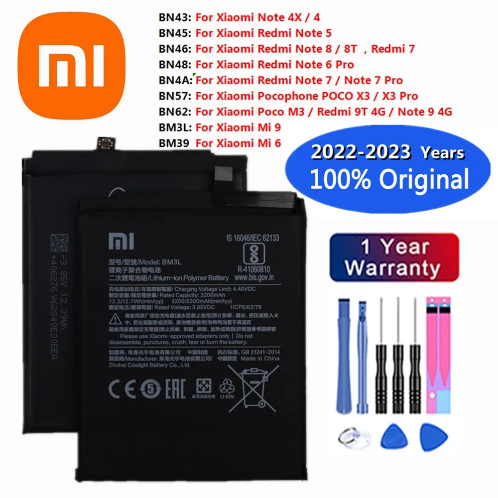 

100% Original Battery Mi For Xiaomi Redmi Note 4 4X 5 6 7 8 8T 9 9T Pro Mi6 Mi9 Pocophone Poco M3 X3 Pro Batteries Bateria