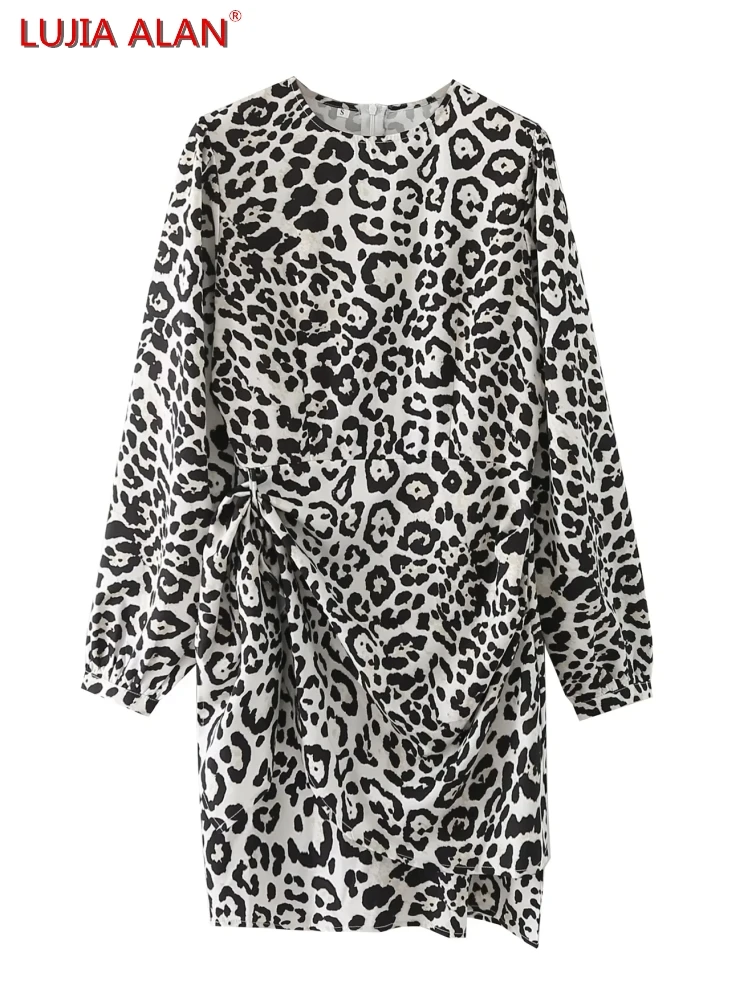 

New Women's Vintage Leopard Print Pleated Design O-Neck Long Sleeve Casual Loose Straight Dress LUJIA ALAN WD920