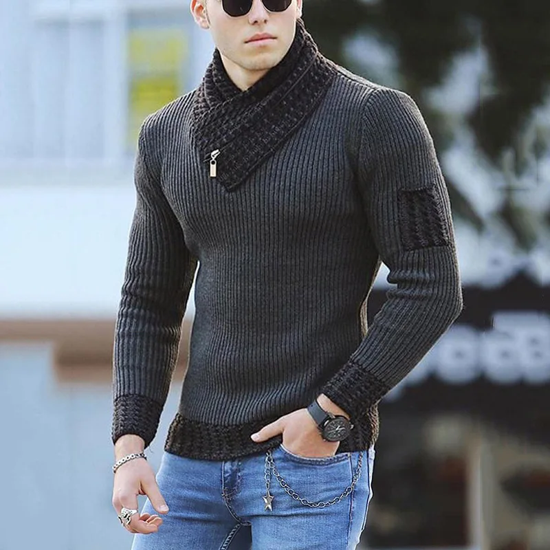 Autumn And Winter New Men's Casual Stitching Knitted Pullover Turtleneck Sweater