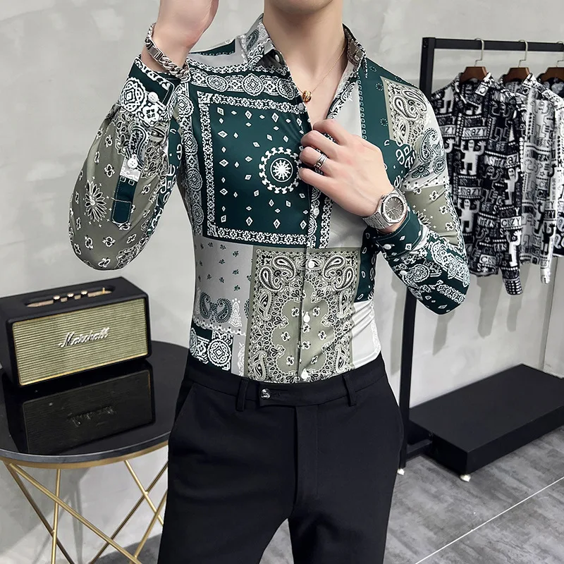 

Luxury Vintage Print Shirts for Men 2022 Autumn Long Sleeve Slim Casual Shirt Male Business Social Dress Shirts Camisa Masculina