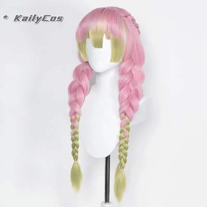 Парик для косплея Mitsuri Kanroji высокое качество длинные розовые зеленые плетеные