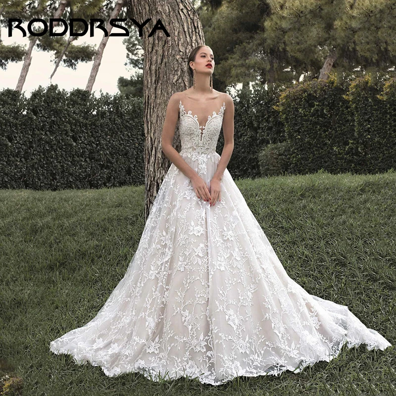 

RODDRSYA Elegant O-Neck Sleeveless A-line Wedding Dress Romantic Tulle Appliques Bride Party 2023 Dreamy Button Back Bridal Gown