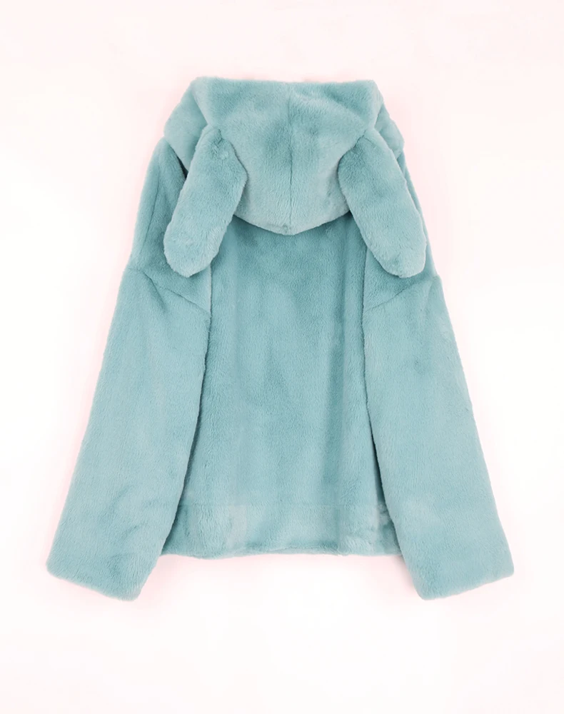 Nerazzurri Spring Fluffy Jacket with Rabbit Ears Raglan Sleeve Zipper Oversize Light Soft Harajuku Kawaii Faux Fur Hoodie 2022