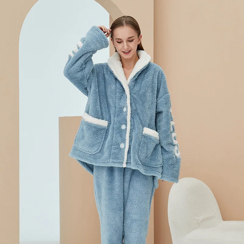 2 Piece Pajamas Sets for Women and Men Thickened Winter Warm Pink Cardigan Tops Pants Sleepwear Flannel Pyjamas Lovers Nightwear