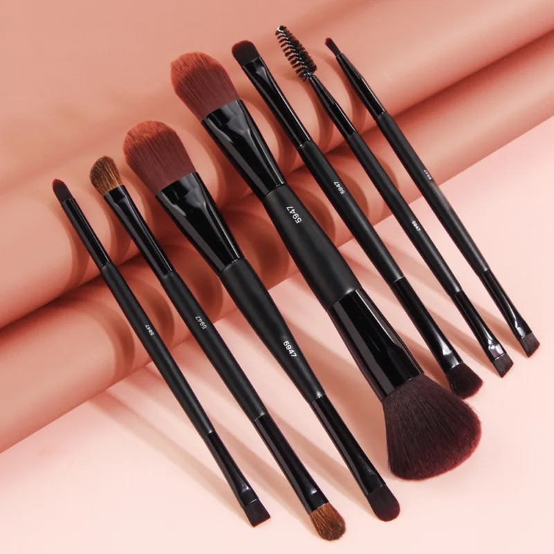 

7 Pcs/Set Black Professional Double Head Foundation Nylon Fiber Plastic Handle Eyeshadow Contour Eye Lip Makeup Brushes Set