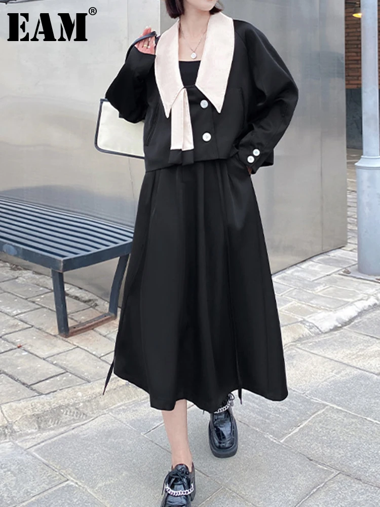 

[EAM] Half-body Skirt Big Size Two Pieces Suit New V-Neck Long Sleeve Black Loose Women Fashion Tide Spring Autumn 2022 1DE6821