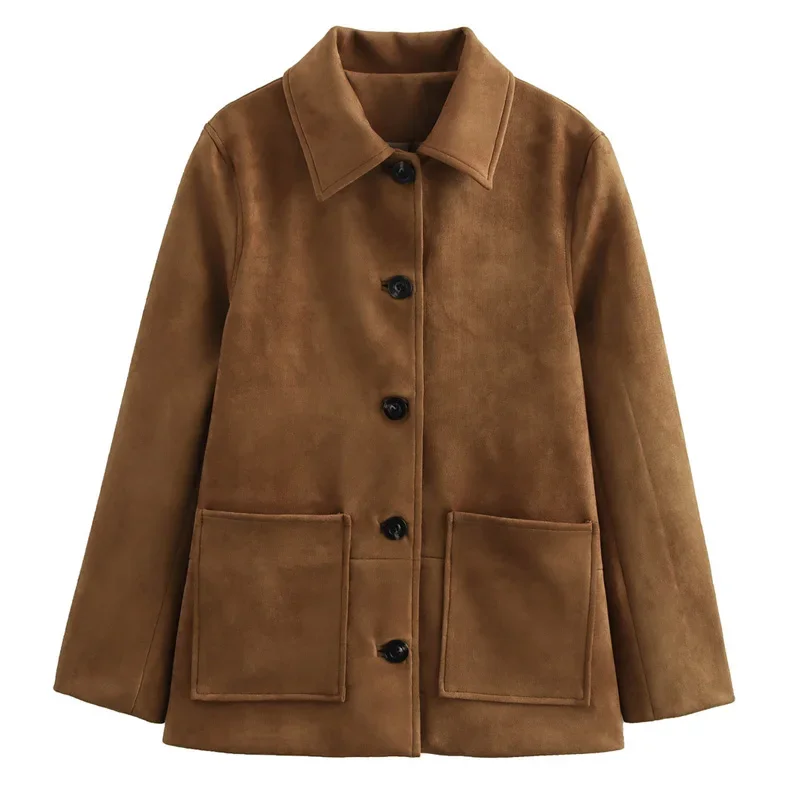 Замшевый пиджак TRAF женский верхняя одежда осенне-зимняя офисная коричневый с