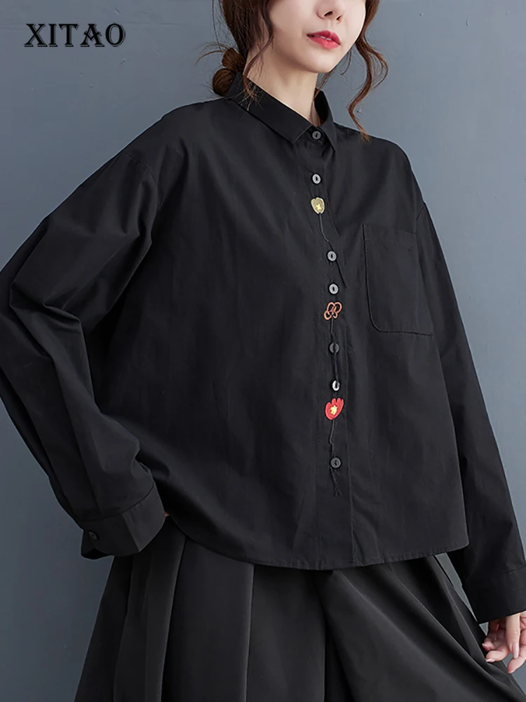 

XITAO Embroidery Single Breasted Loose Shirt Turn-down Collar Solid Color Long Sleeve 2023 Autumn New Casual Fashion DMJ2468