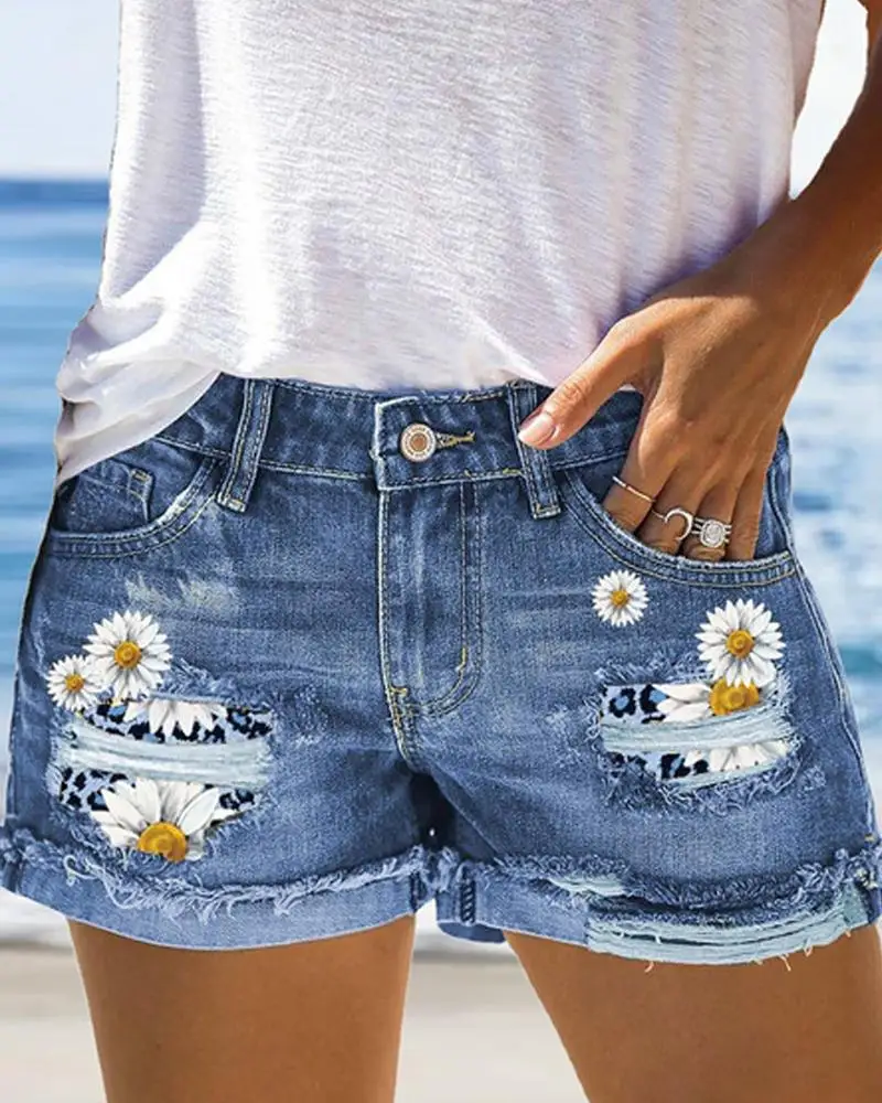 Summer Women Denim Shorts Women High Waist Daisy Print Patchwork Ripped Short Jeans