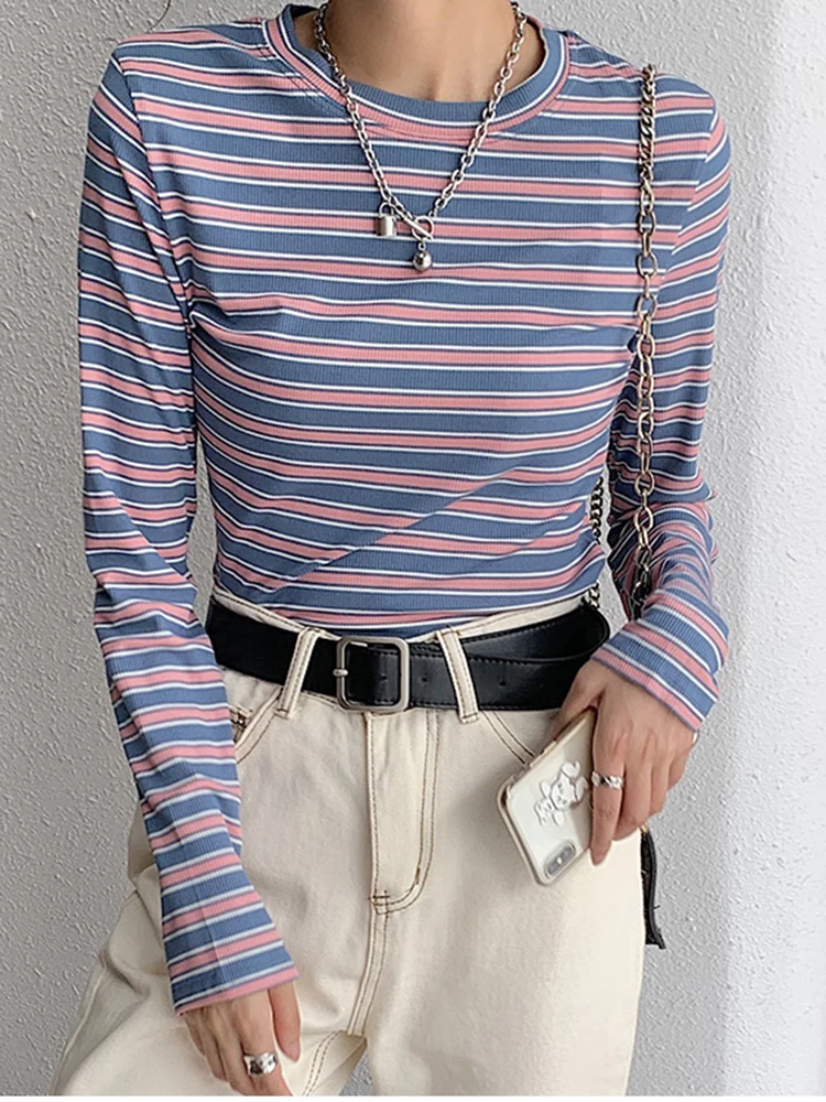 

Women Stripes Vintage Tshirt Tops O Neck Long Sleeve Pullover T-shirt 2022 Spring New Korea Cotton Shirt Purple Yellow Y2K