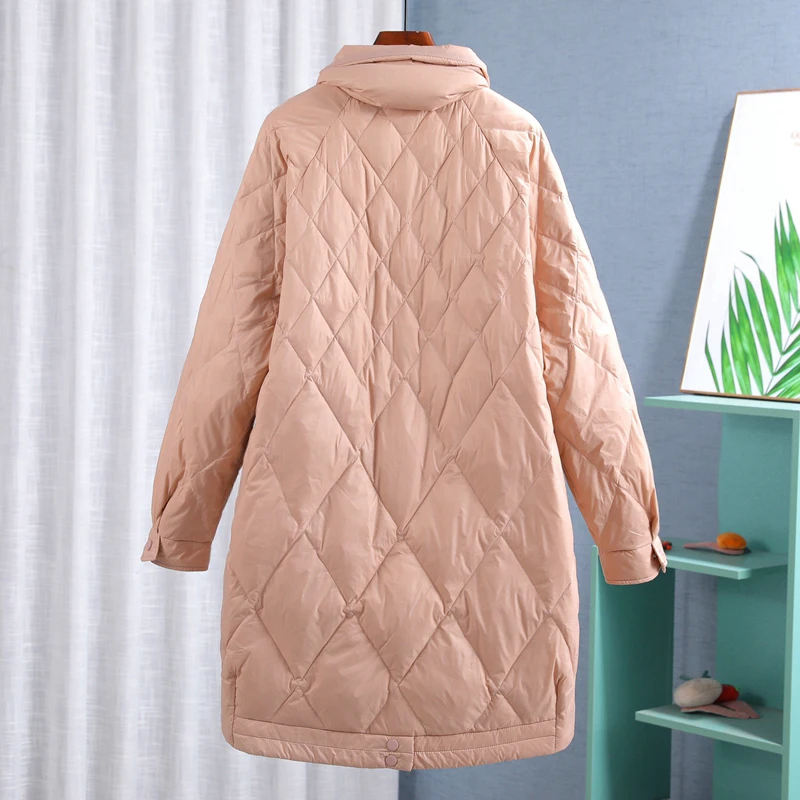 Stand-Up Collar Drawstring Large Pocket Medium Long Women's Down Jacket Coat 2022 Autumn Winter New White Duck Down Coat