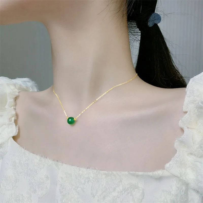 ZHIXI Real18K Gold Jewelry Pure AU750 Pendant Necklace Chalcedony 2mm Golden Ball Fine Classic Exclusive Gift For Women X566-2