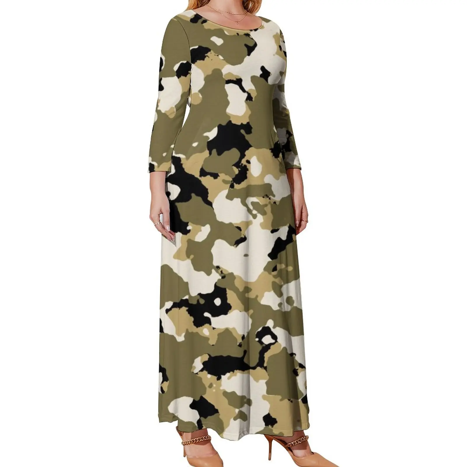 Tan Camouflage Dress Trendy Desert Camo Street Fashion Beach Dresses Women Long Sleeve Sexy Maxi Dress Autumn Plus Size Clothes