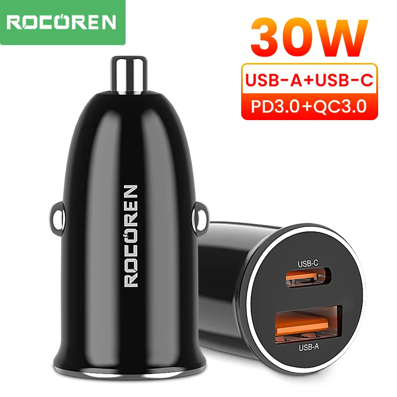 

Rocoren USB Type C Car Charger 30W PD QC Quick Fast Charging Car Charger Adapter For iPhone 14 13 12 Pro Xiaomi Samsung Huawei