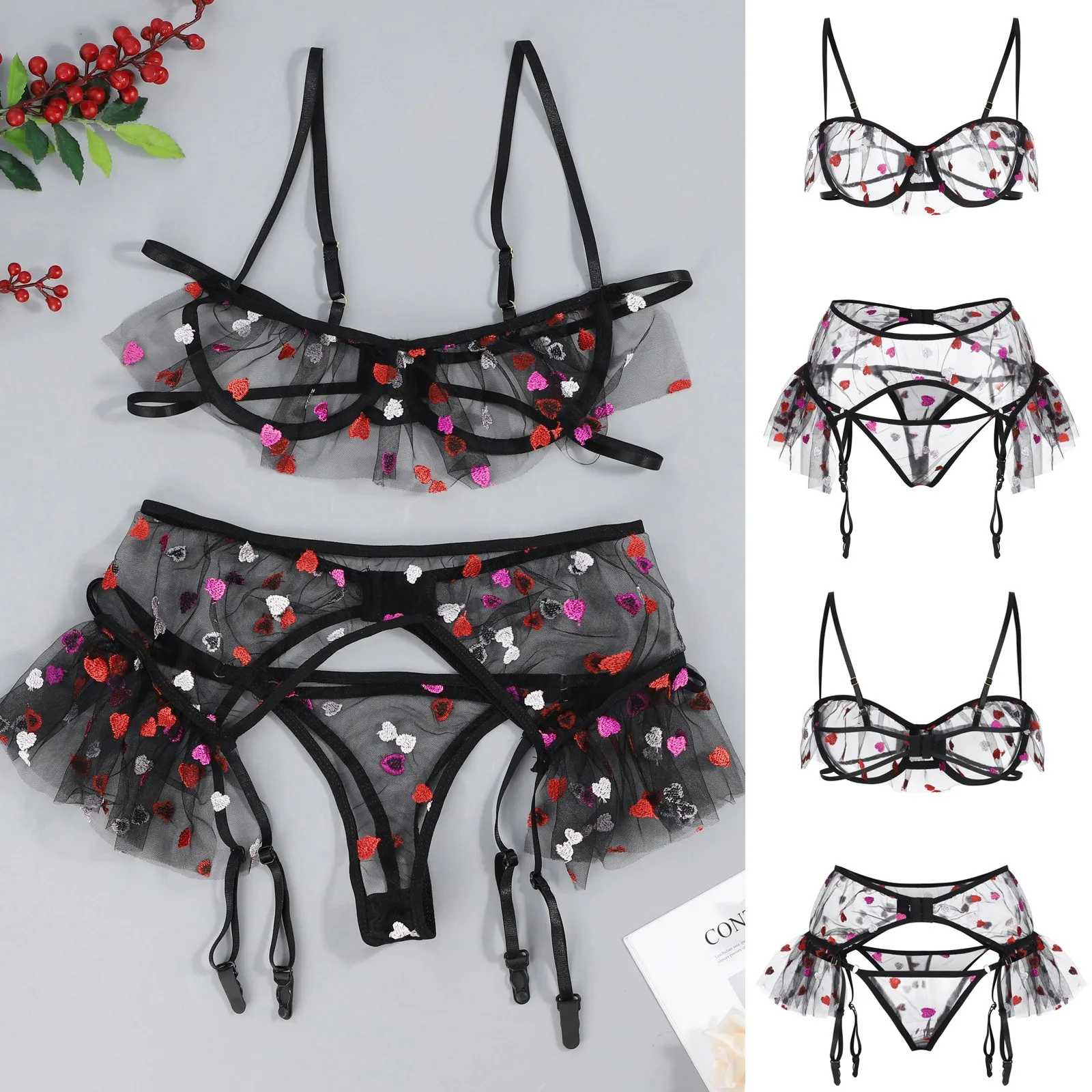 

Crotchless Womens Lingerie Set Transparent Lace Bra Thong Set Sexy Embroidery Flora Sleepwear Sensual Pron Underwear Ladies