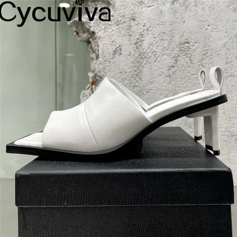 

New Square Toe White Leather Slippers Women Sexy Peep Toe Strange High Heel Mules Shoes Summer Fashion Party Dress Shoes Mujer