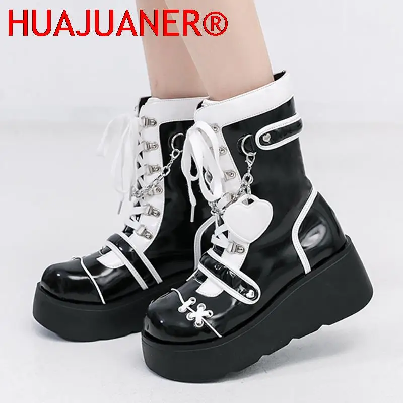 

Women's Punk Chunky Motorcycle Boots Mixed Color Thick Bottom Gothic Shoes Woman Autumn Winter Platform Ankle Botas Mujer