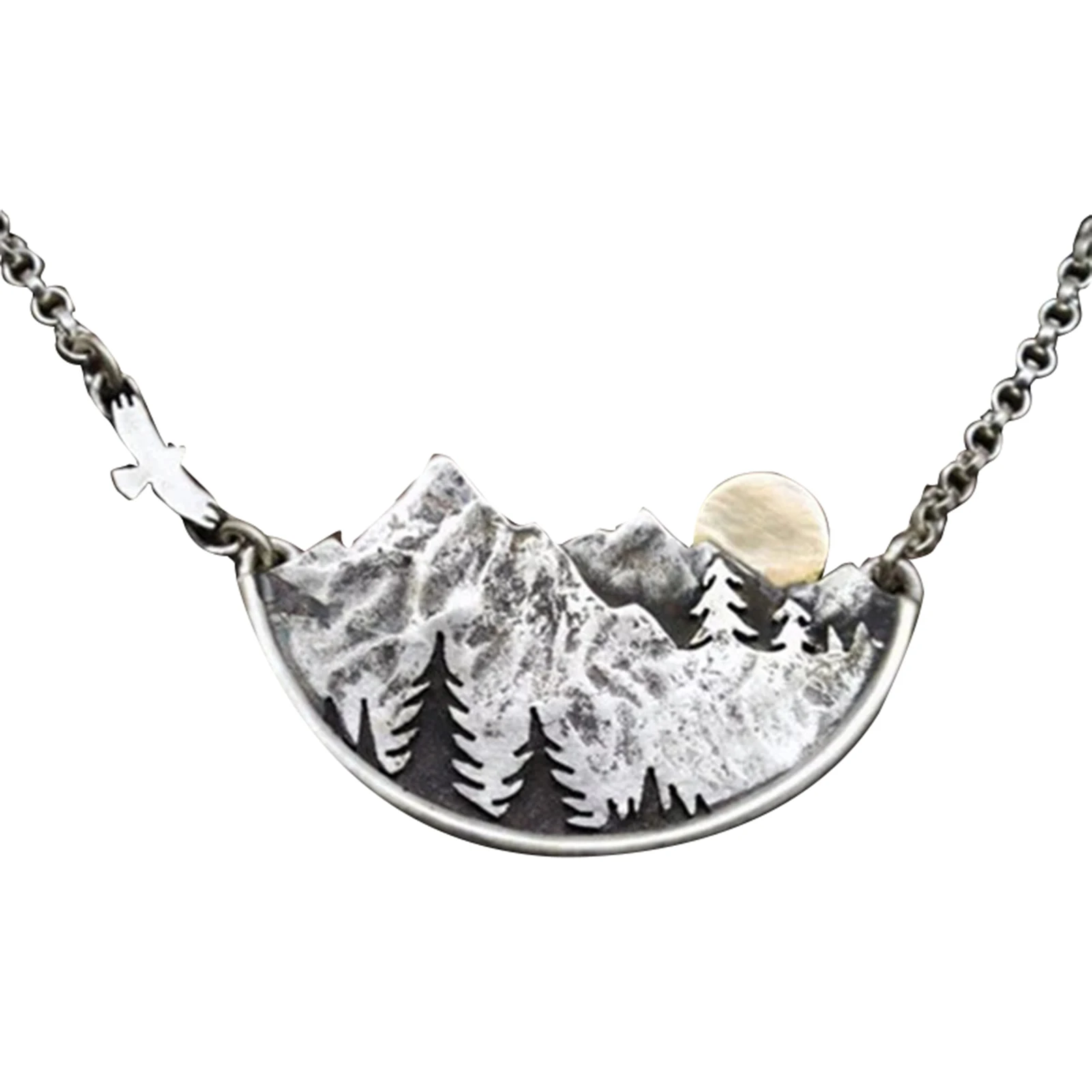 

Valley&Sunset Necklace Silver Plated Alloy Natural Landscape Pendant Semicircular Jewelry Gift For Women Men