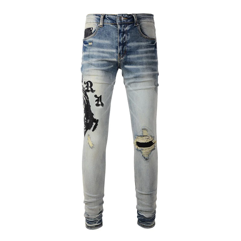 

New Arrival Men's Distressed Blue Slim Streetwear Fashion Embroidered Amir Letters Patchwork Damage Skinny Stretch Ripped Jeans