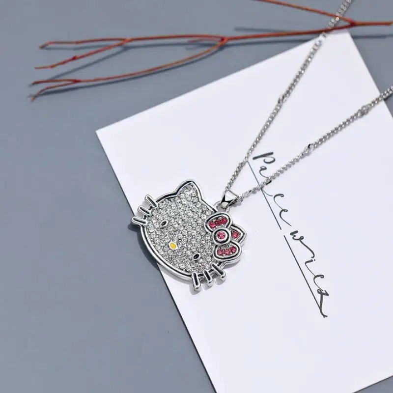 

Sanrioed Cartoon Kawaii Necklace Kittycat Girl Heart Full Diamond Bow Fashion Crystal Pendant Collarbone Accessory Necklace Gift
