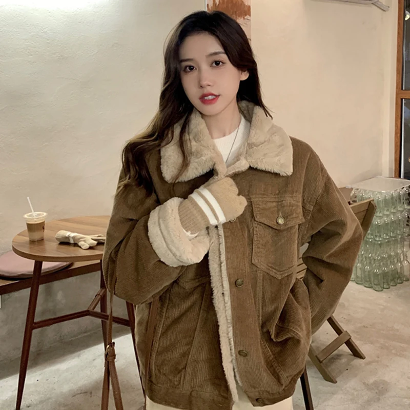 

Винтажная плотная Вельветовая куртка цвета хаки, женская элегантная абрикосовая куртка с плюшевым отворотом, свободная повседневная верхн...
