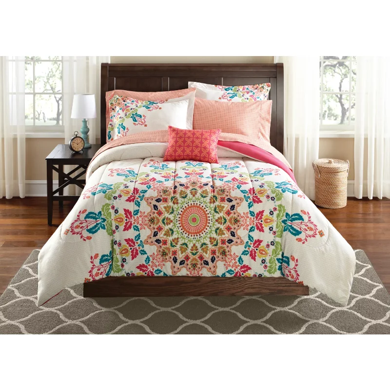 

Mainstays Coral Medallion 8 Piece Bed in a Bag Comforter Set With Sheets, Queen