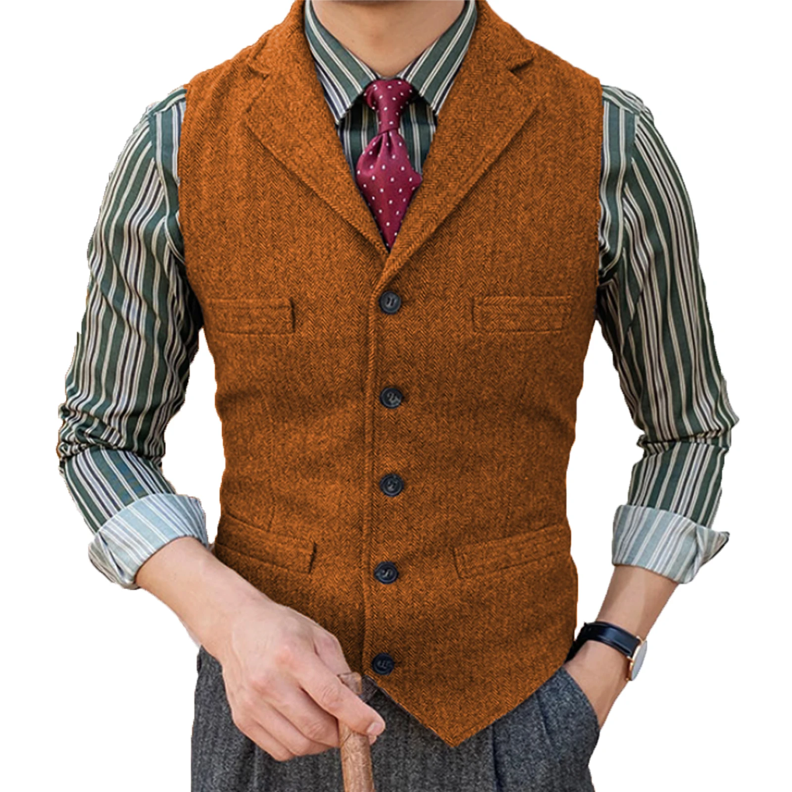 

Waistcoat Men Suit Vest Lapel V Neck Wool Houndstooth Casual Formal Business Steampunk Vest Groomman For Wedding Prom Best Man