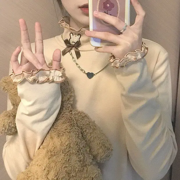 

Japanese Bowknot Wooden Ear Dralon Half-High Collar Long Sleeves Aesthetic T-shirt Female Student Bottoming Egirl Graphic Top