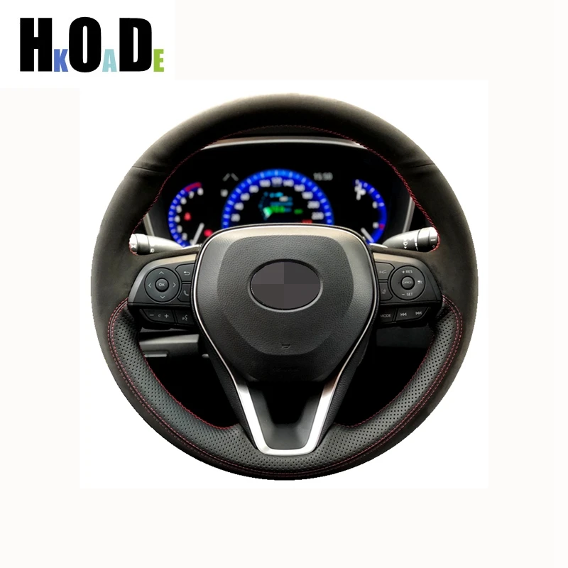 

DIY Black Suede Genuine Leather Car Steering Wheel Cover For Toyota RAV4 AX50 Corolla G12 Axio Altis Camry Xv70 Avalon 2019 2020