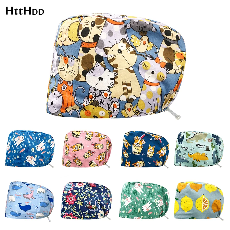 

Pet Shop Veterinarian Work Cap Cute Animal Cartoon Print Cotton Adjustable Surgical Hat Medical Accessories Wholesale Scrub Cap
