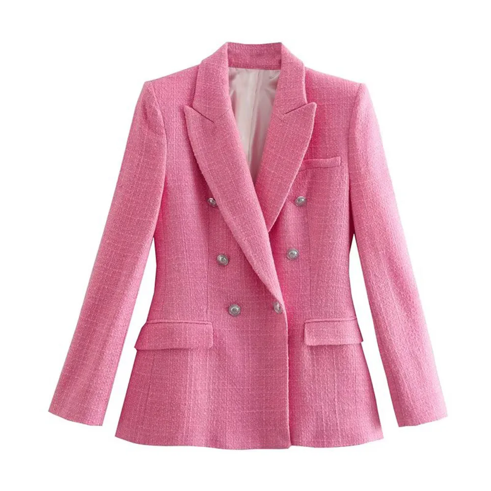 

Женский пиджак с отложным воротником, розовый приталенный двубортный блейзер с длинным рукавом и текстурой, весна-осень