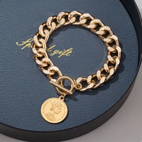new punk gold color cuban chain bracelets for women statement thick metal coin pearl mens bracelet bangles femme vintage jewelry
