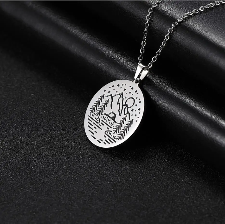 

1PC Stainless steel Pine Tree charm with river Under the Mountain Sunset Stars Necklace Camping Jewelry Outdoor Gifts F1565